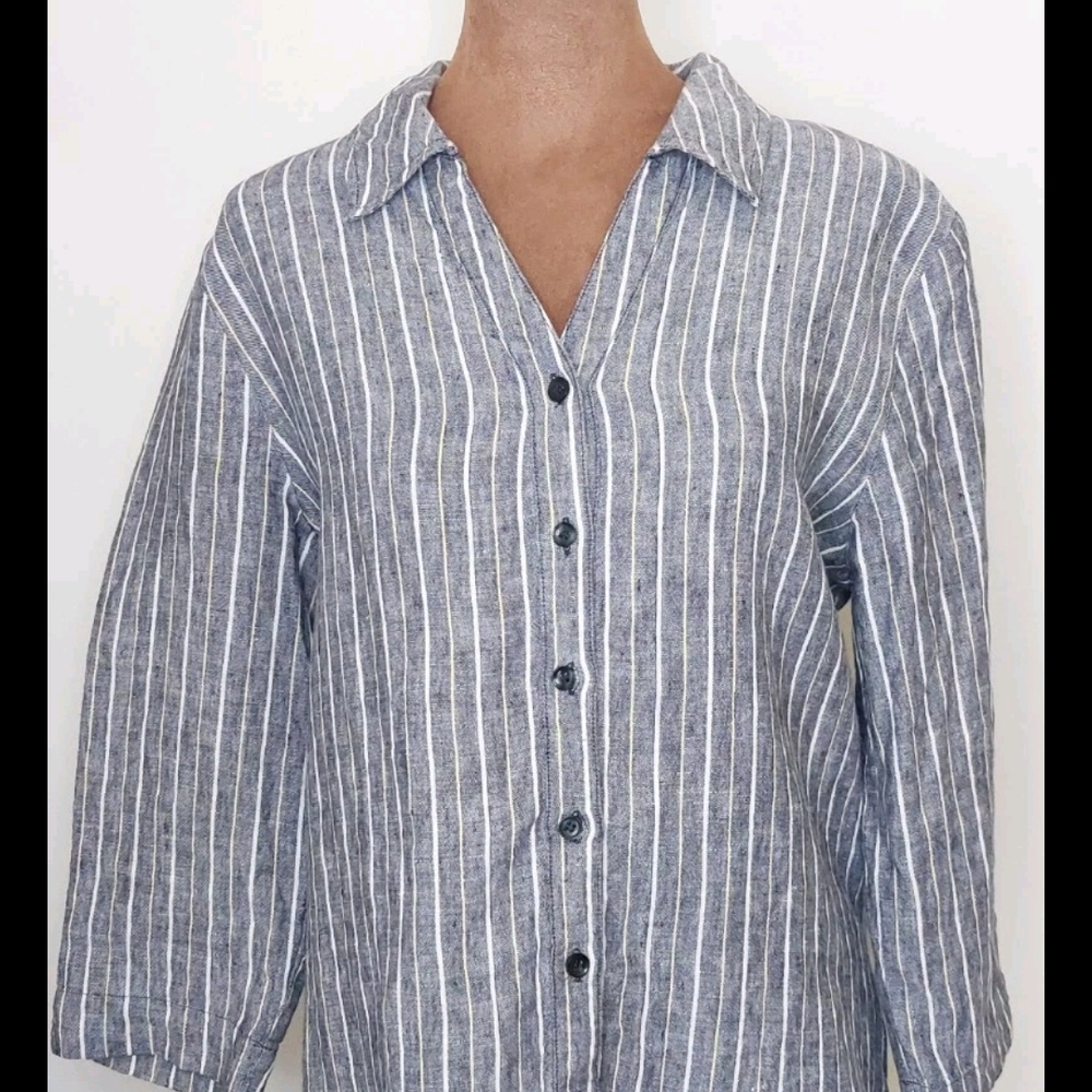 JM Collection Linen Button Up Shirt Striped Size 8 Coastal Lagenlook Vacation